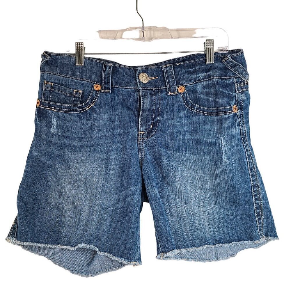 Seven7 Indigo Wash Thick Stitch Pocket Stretch Denim Cut Off Bermuda Shorts 34x6